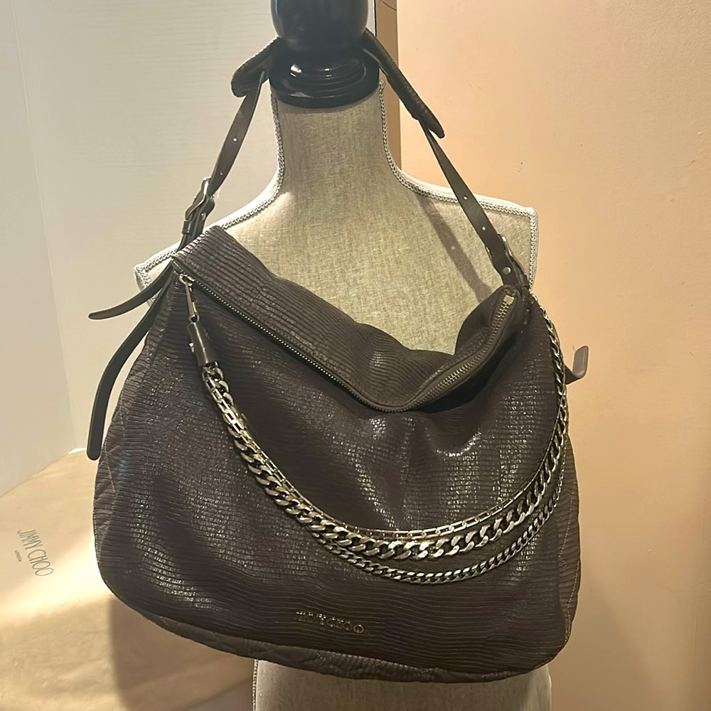 Jimmy Choo Textured Brown Leather Biker Chains Hobo Bag.Authenticity card.